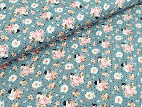 Baumwolljersey Vogel im Blumenzweig auf Punkte Jeansblau